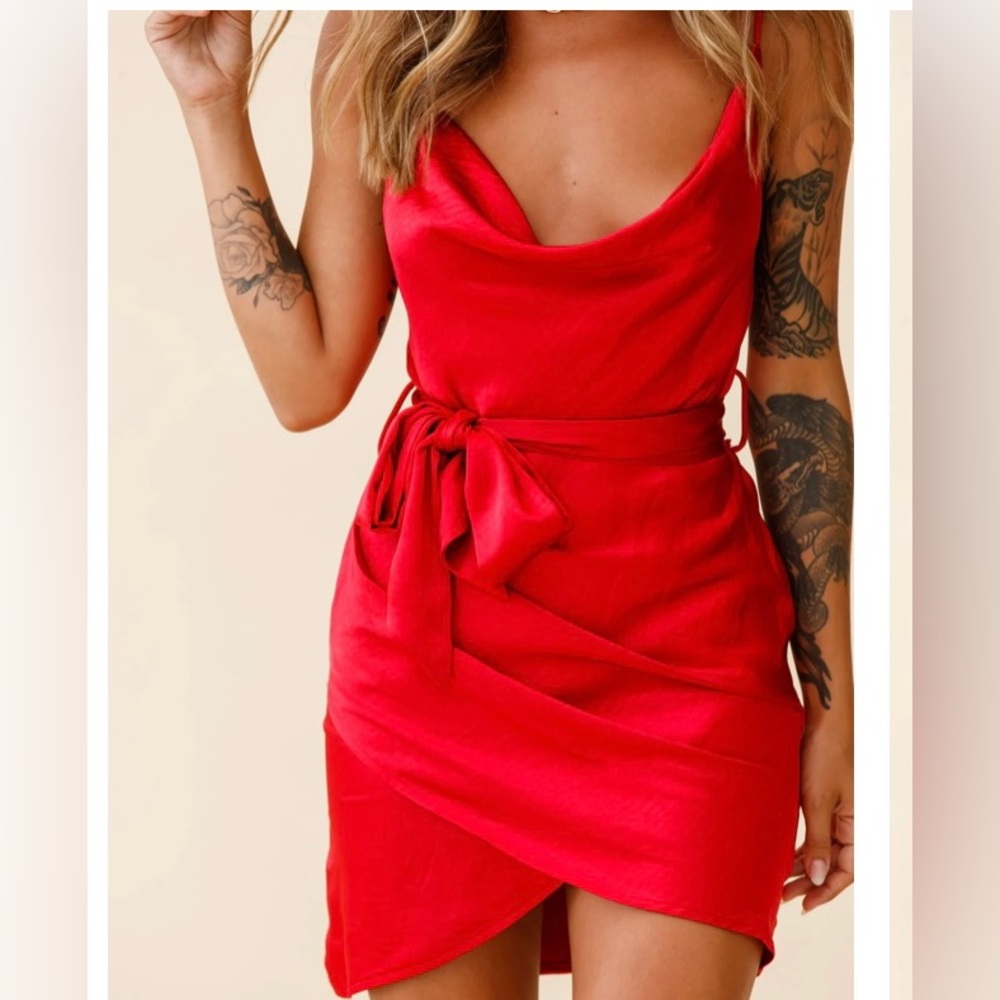 Selfie Leslie - Bebe Satin Cowl Neck Wrap Dress - Red XS - NWT